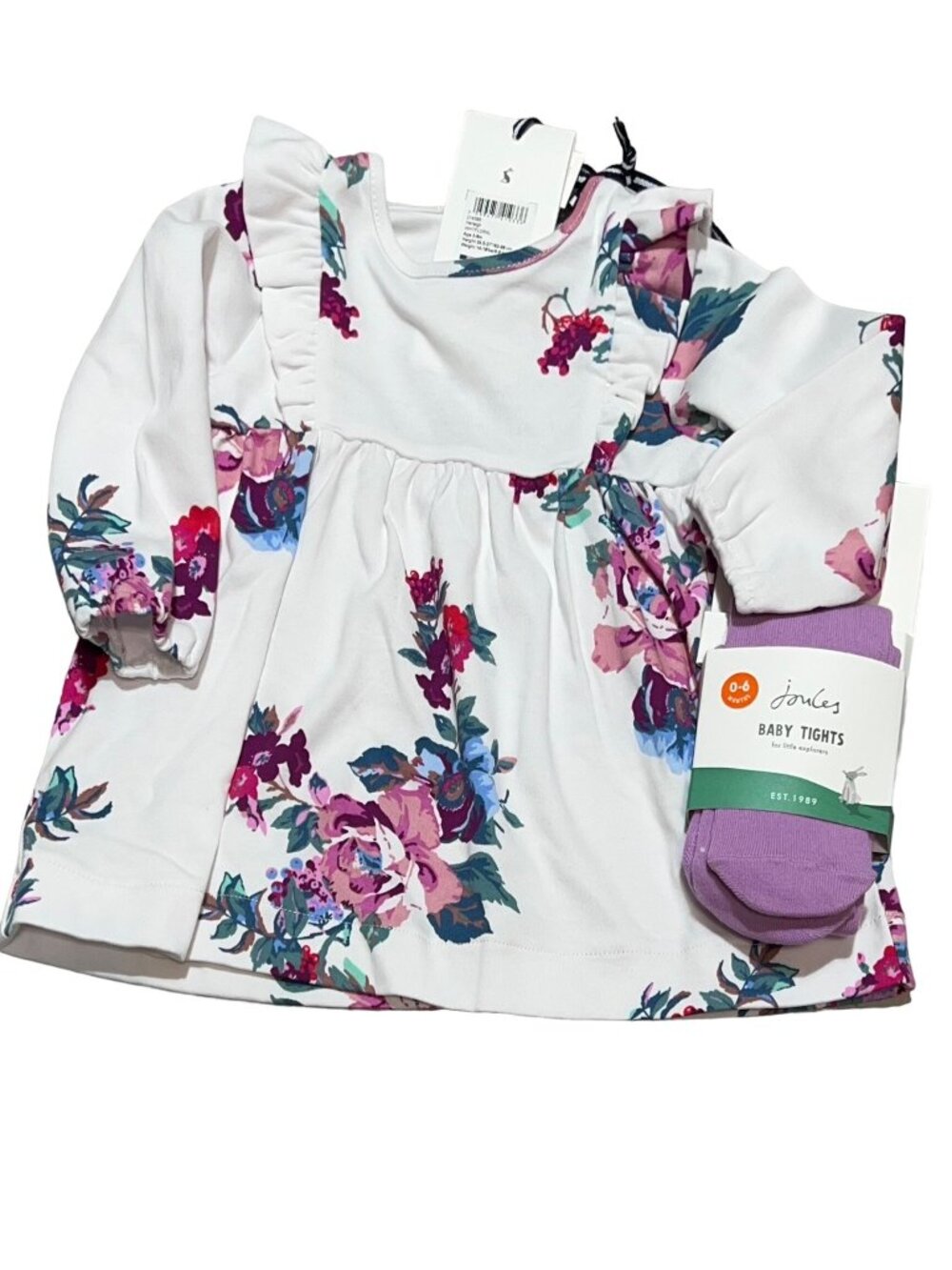 Joules girls 3m 6m 9m 12m floral dress white purple tights SET NWT flower ruffle